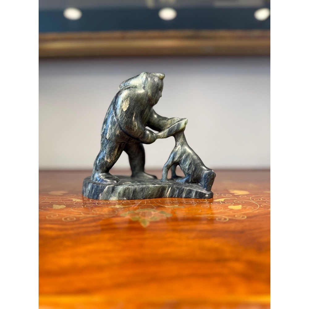 Signed Charlie Sivuarapik Inuit Soapstone Sculpture Hunter Dog Carving E9-1460